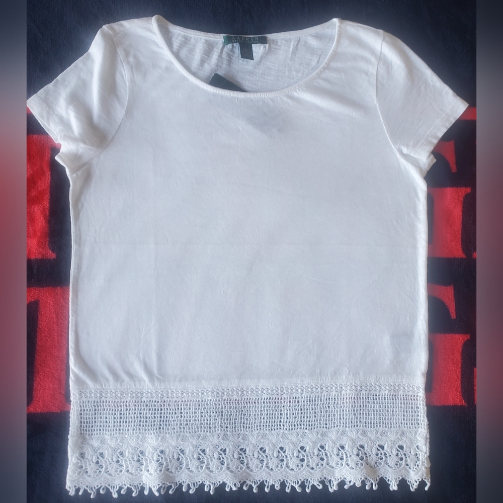 Ralph Lauren White Women's Tee with Lace Hem